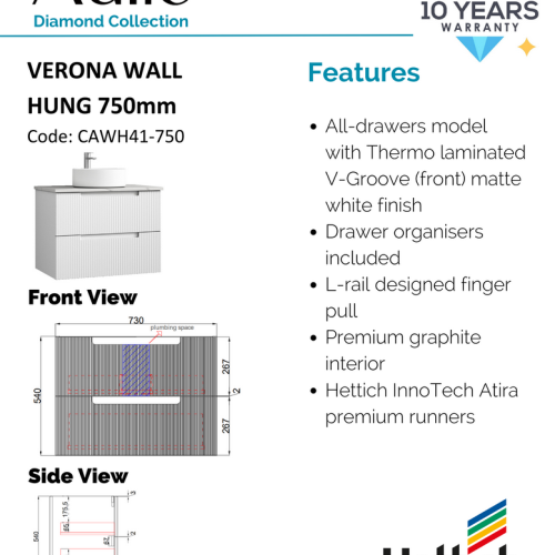 VANITIES - Verona Wall Hung Vanity w/ Ceramic Top