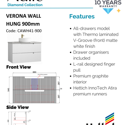 VANITIES - Verona Wall Hung Vanity w/ Ceramic Top