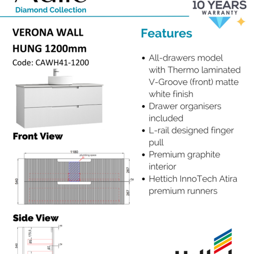 VANITIES - Verona Wall Hung Vanity w/ Ceramic Top