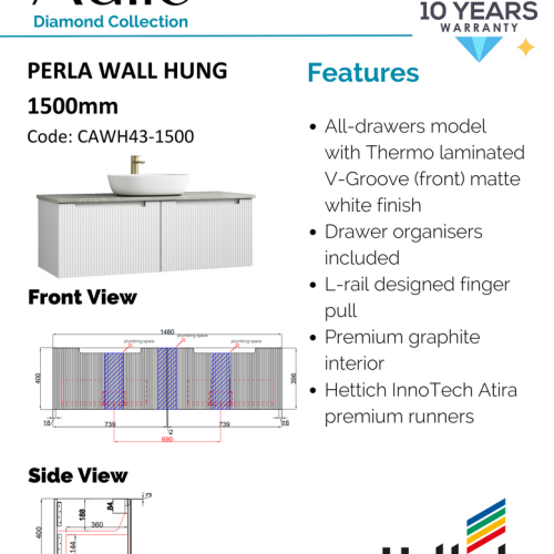 VANITIES - Perla Wall Hung Vanity w/ Ceramic Top