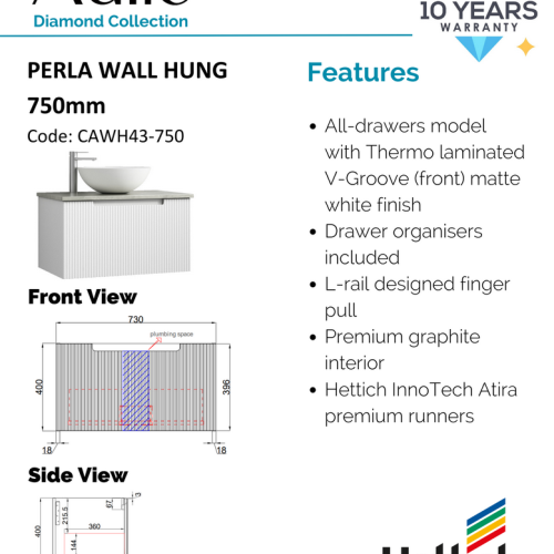 VANITIES - Perla Wall Hung Vanity w/ Ceramic Top