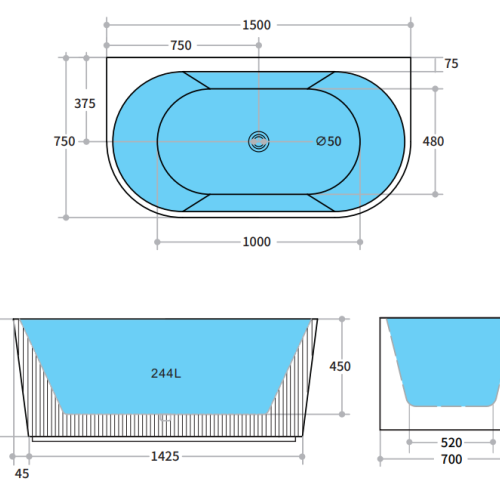 BATHS - BRIGHTON Fluted Back to Wall Bath - Matt Black BATHS - BRIGHTON Fluted Back to Wall Bath - Matt Black