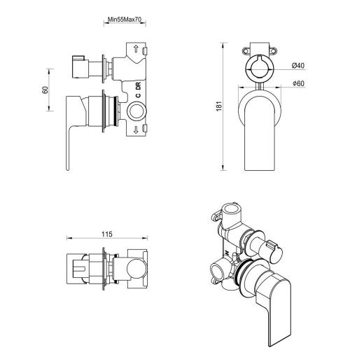TAPWARE - Eleniko Shower Mixer Diverter - 2P - French Gold