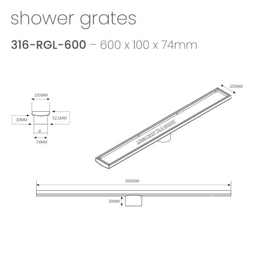 SHOWERS - Brushed Satin Shower Channel - 600mm