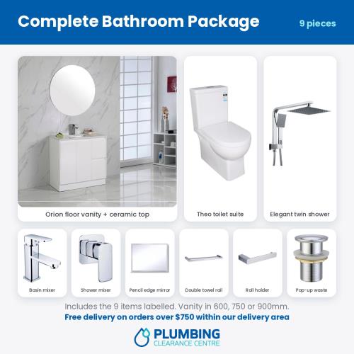 VANITIES - Complete Bathroom Package - Vanity, Toilet Suite, Twin Shower, Tapware & Accessories (9 Pieces) - 