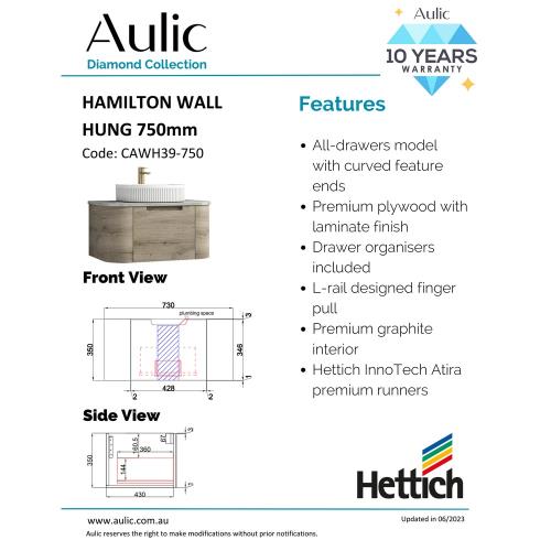 VANITIES - Hamilton Wall Hung Vanity - 750mm