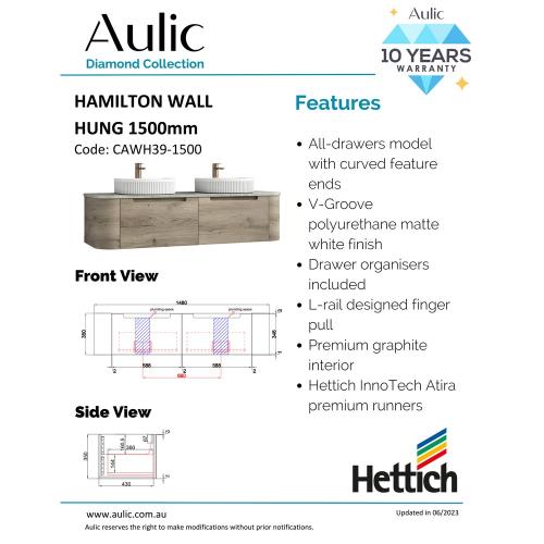 VANITIES - Hamilton Wall Hung Vanity - 1500mm(Double Bowl)