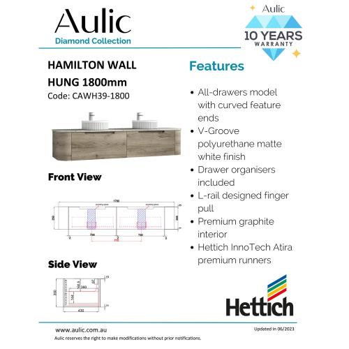 VANITIES - Hamilton Wall Hung Vanity - 1800mm(Double Bowl)