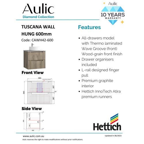 VANITIES - Tuscana Wall Hung Vanity - 600mm