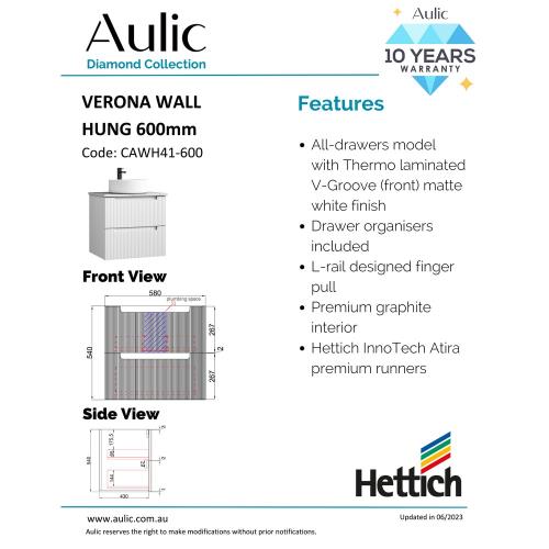 VANITIES - Verona Wall Hung Vanity - 600mm