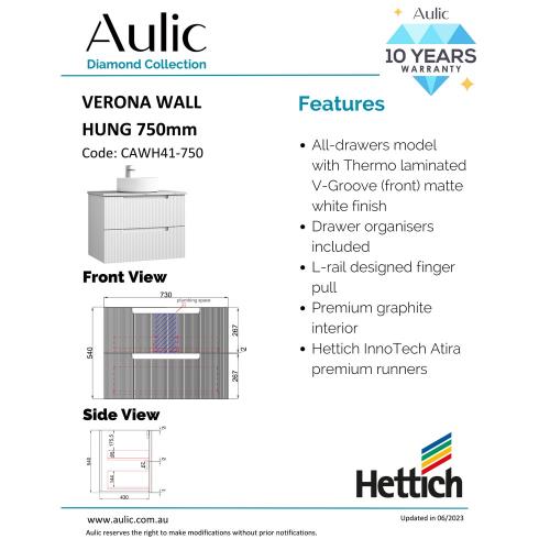 VANITIES - Verona Wall Hung Vanity - 750mm