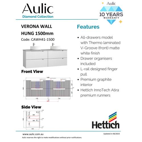 VANITIES - Verona Wall Hung Vanity - 1500mm(Double Bowl), 1500mm(Single Bowl)